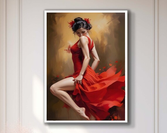 Red Dress Flamenco Dancer Dramatic Golden Background Elegant Dance Poster