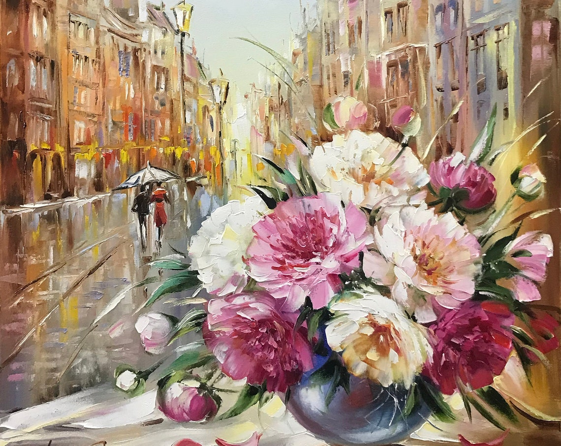 Peonies Bouquet By Rainy City Window Still Life Impasto Art Poster