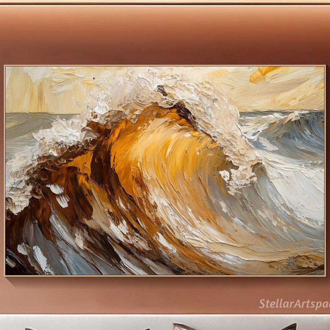 Golden Ocean Wave Barrel Amber White Heavy Impasto Seascape Art Poster