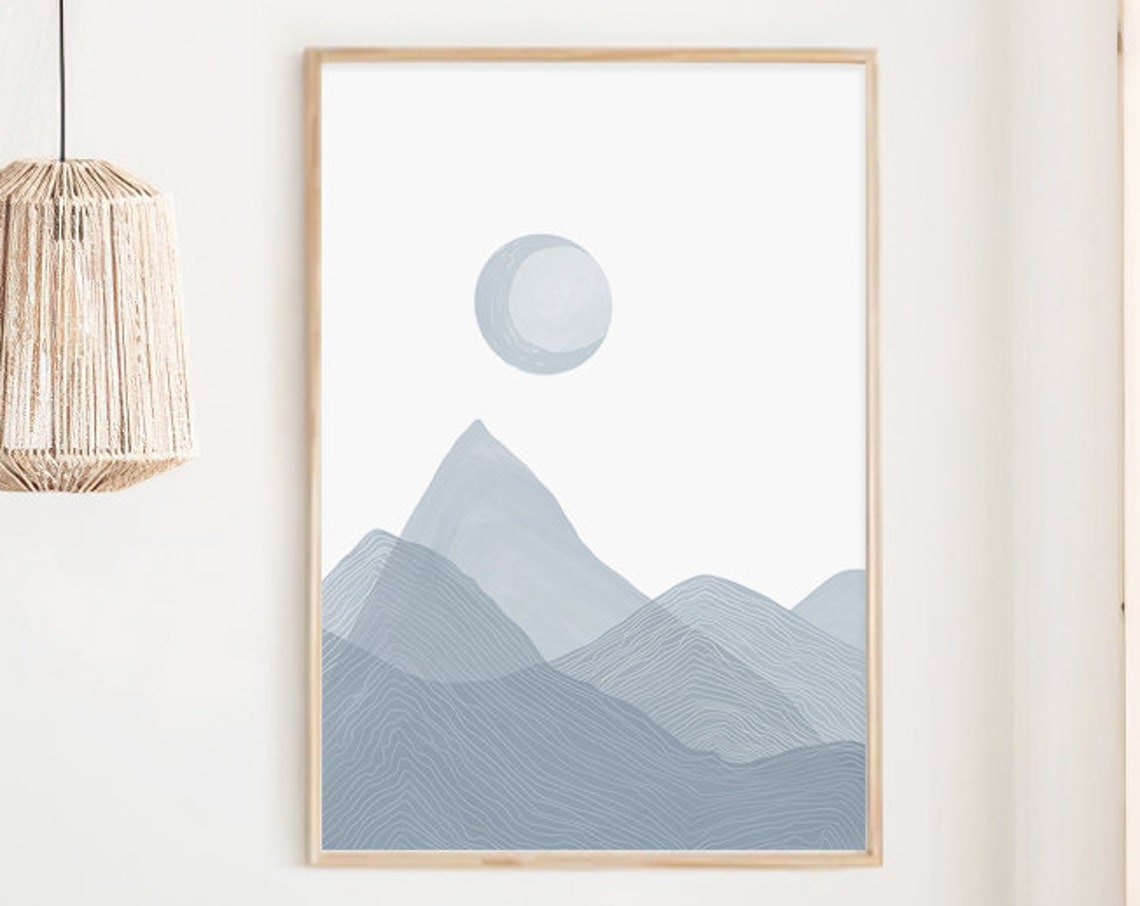 Blue Gray Mountain Moon Line Art Scandinavian Minimalist Print - Image 4