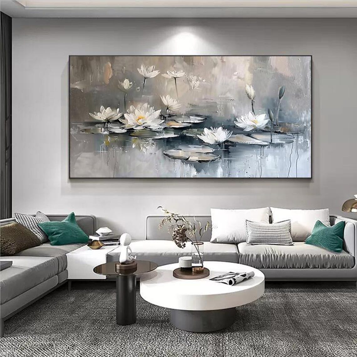 White Lotus Blossoms on a Misty Grey Pond Serene Floral Poster - Image 5