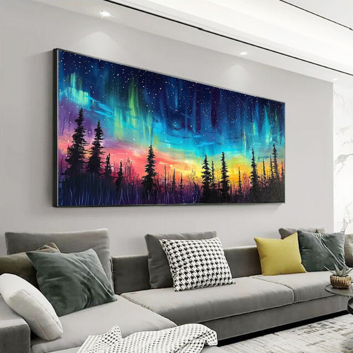 Northern Lights Over Pine Forest Starry Night Sky Painting Poster - Image 5