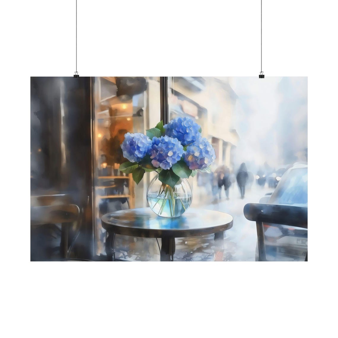 Hydrangea Bouquet by Rainy Cafe Window Watercolor Art Poster