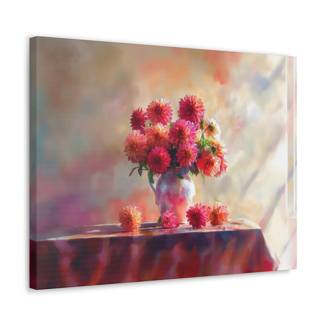 Vibrant Red Dahlias in Sunlit Vase Watercolor Floral Still Life Poster - Image 3