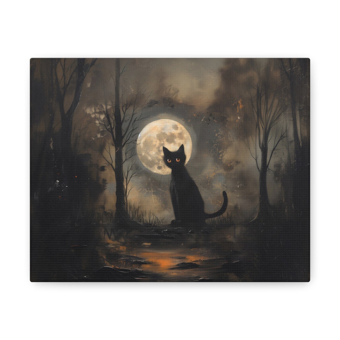 Black Cat in Moonlit Spooky Forest Gothic Halloween Art Poster - Image 2