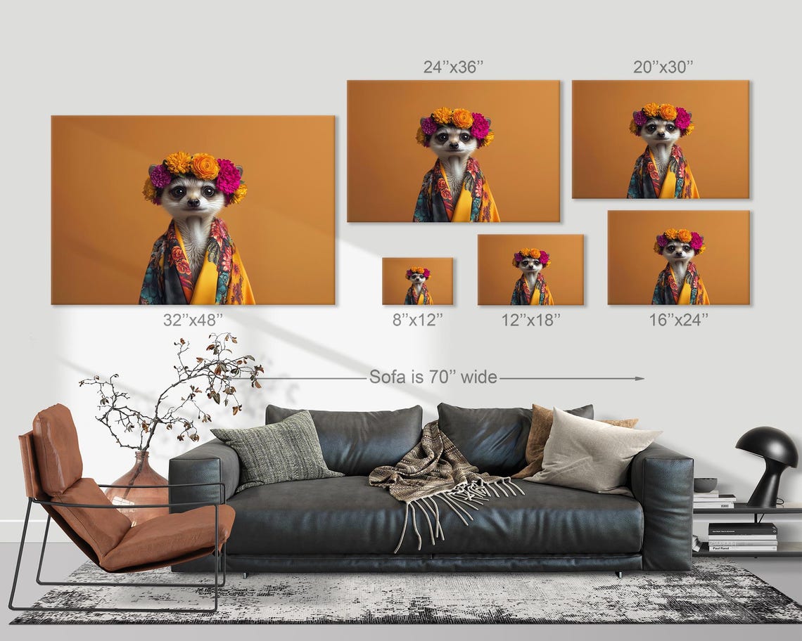 Meerkat In Floral Crown And Patterned Kimono Robe On Orange Poster - Image 3