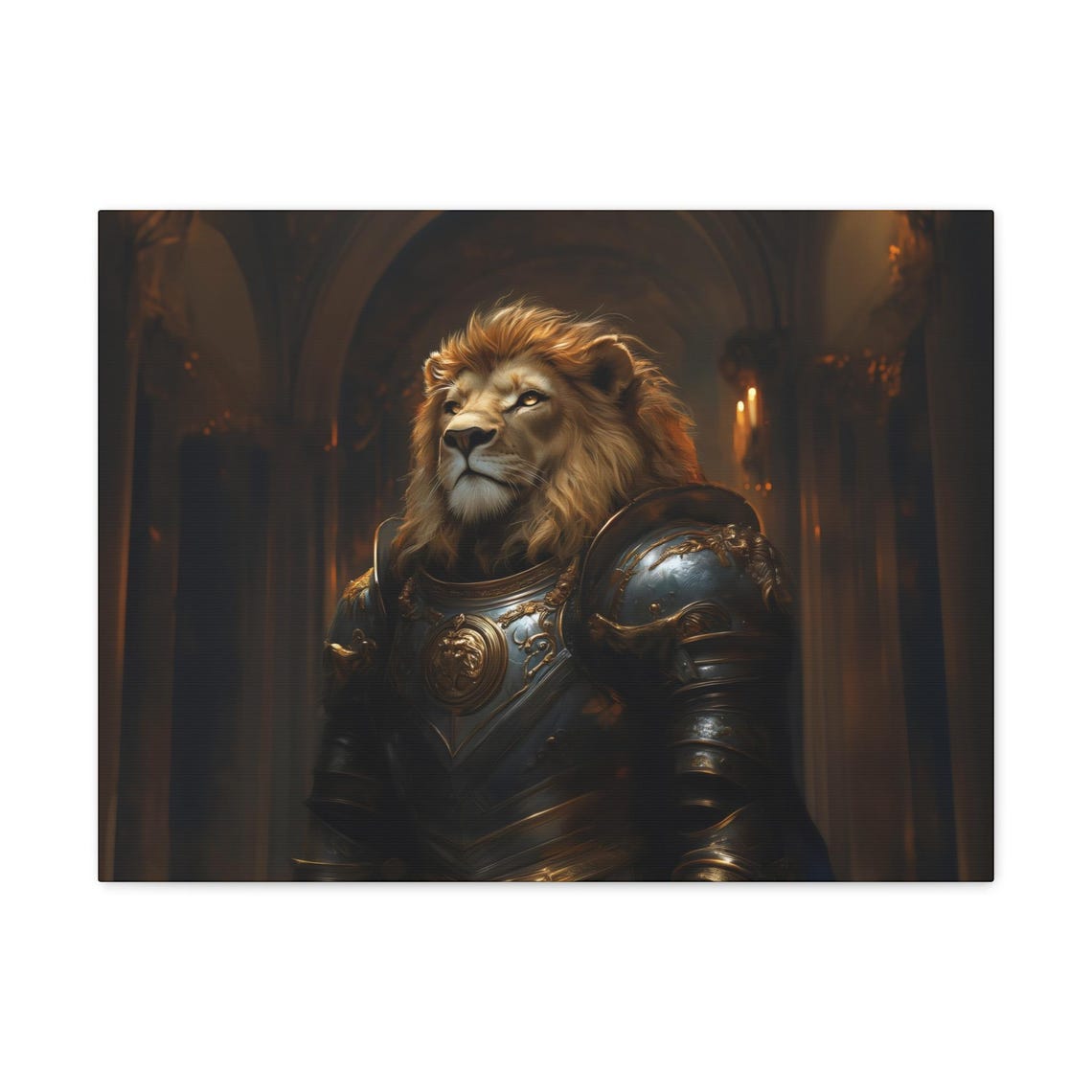 Male Lion Knight In Ornate Armor Dark Candlelit Hall Portrait Poster - Image 3