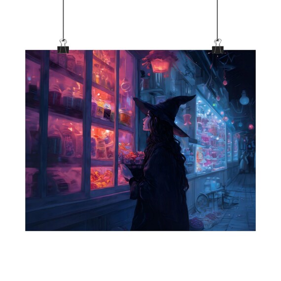 Witch Window Shopping Glowing Apothecary Night Magic Halloween Poster