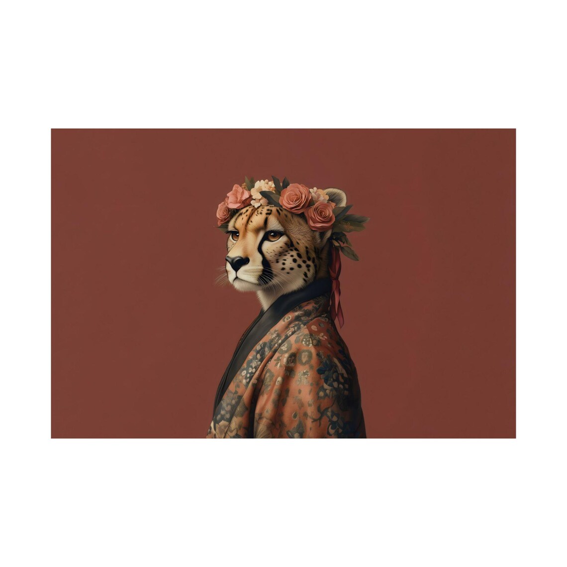 Elegant Cheetah Rose Crown Kimono Terracotta Animal Art Print - Image 2