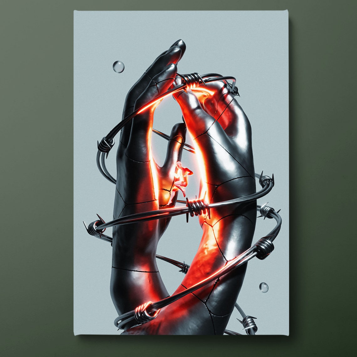 Barbed Wire Bound Metal Hands Fiery Ember Glow Surreal Wall Poster