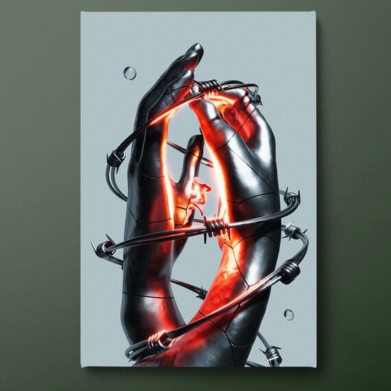 Men Between Silver Hands Wall Art 3d Hands Print Silver Black Red Orange Painting Ready To Hang