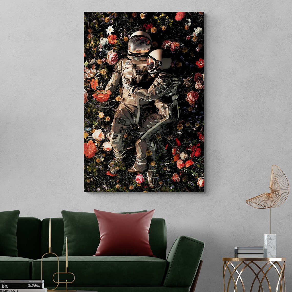 Astronaut Couple Embracing In A Field Of Flowers Surreal Art Poster - Image 2