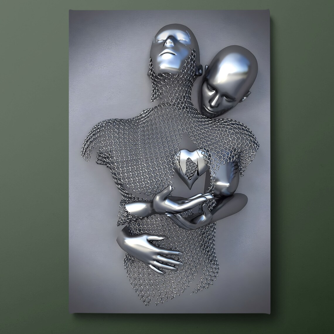 3D Hugging Couple Silver Heart Wall Art Print
