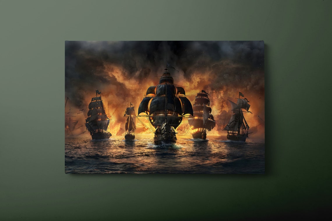 Epic Tall Ships Naval Battle Fiery Sunset Sea Ocean War Art Poster