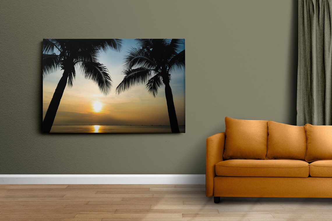 Twin Palm Trees Silhouette Over Golden Ocean Sunset Beach Poster - Image 3