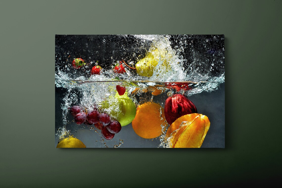 Fruits Water Splash Wall Art Vegetables Splashing In Water Print Kitchen Fruit Painting Ready To Hang