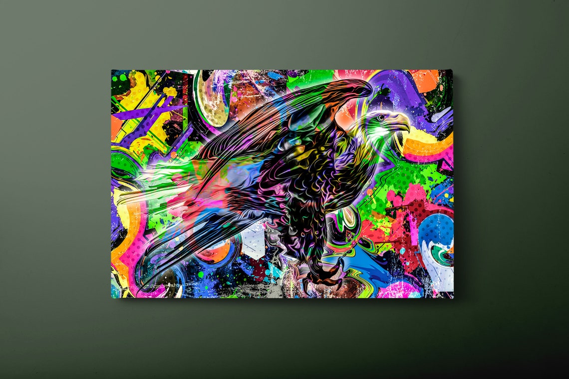 Bald Eagle Flight Graffiti Style Neon Urban Wildlife Art Poster