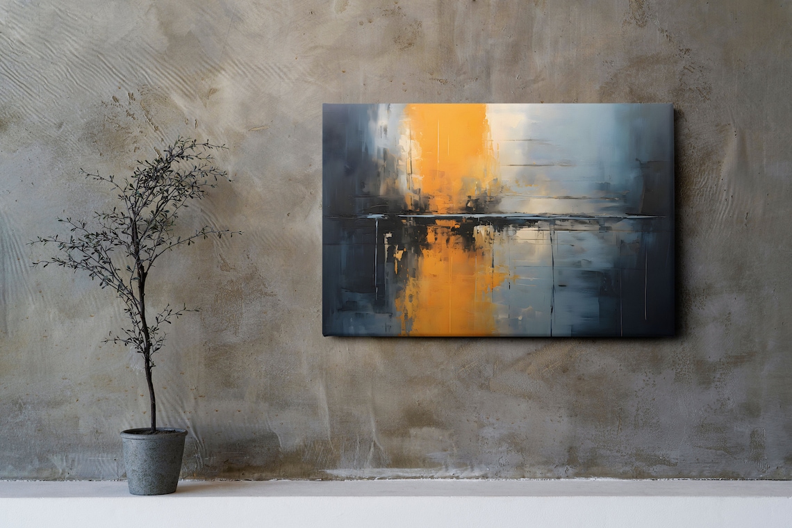 Golden Sun Stripe Over Blue Gray Abstract Seascape Art Poster - Image 3