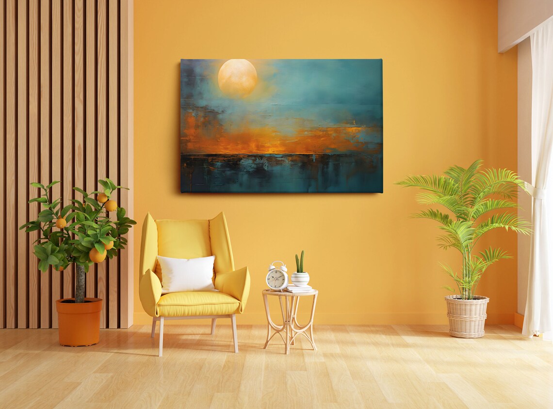 Blue Orange Abstract Sun Wall Art Modern Abstract Print Abstract Sun Painting Ready To Hang - Image 2
