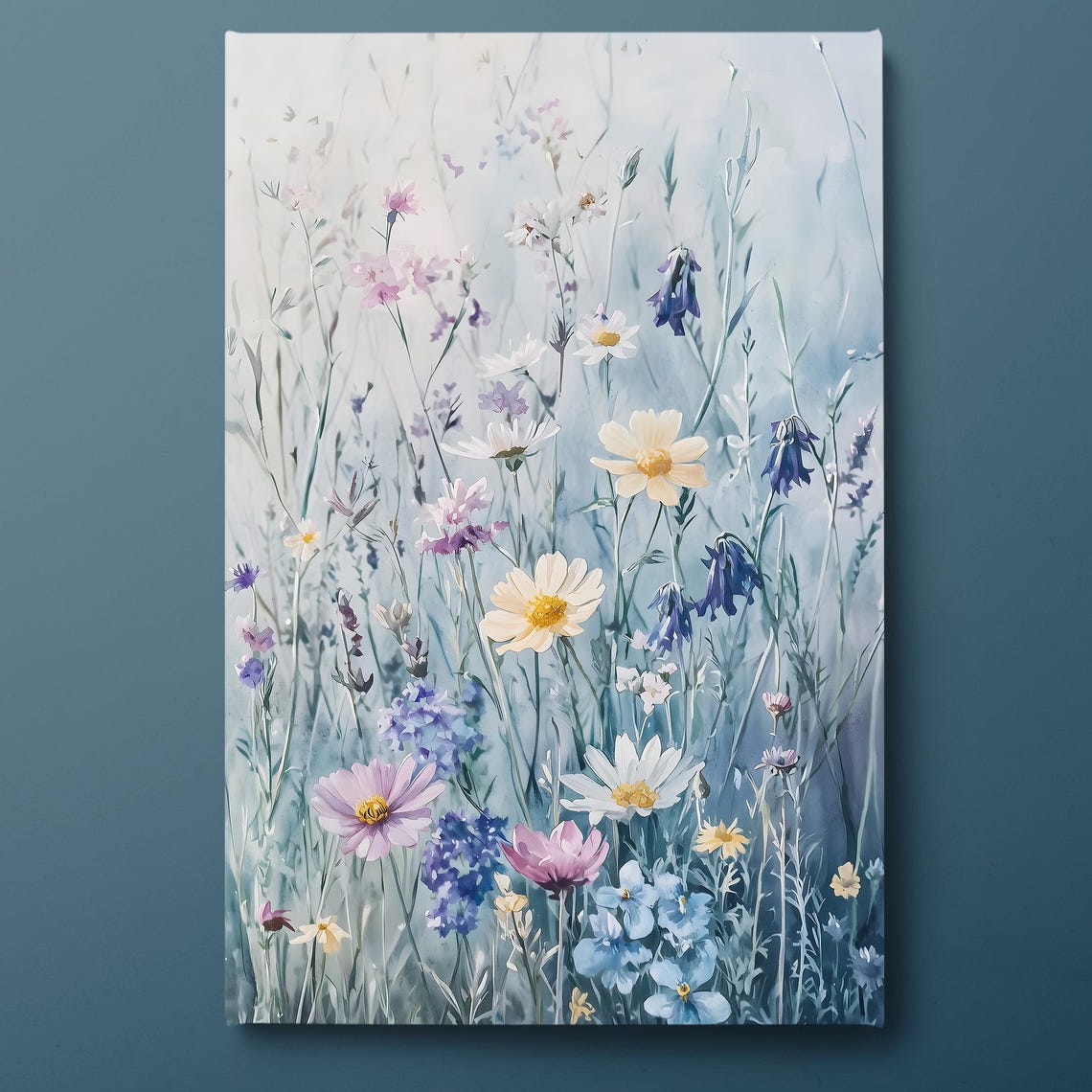 Wildflower Meadow Daisies Blue Blossoms Watercolor Botanical Wall Art