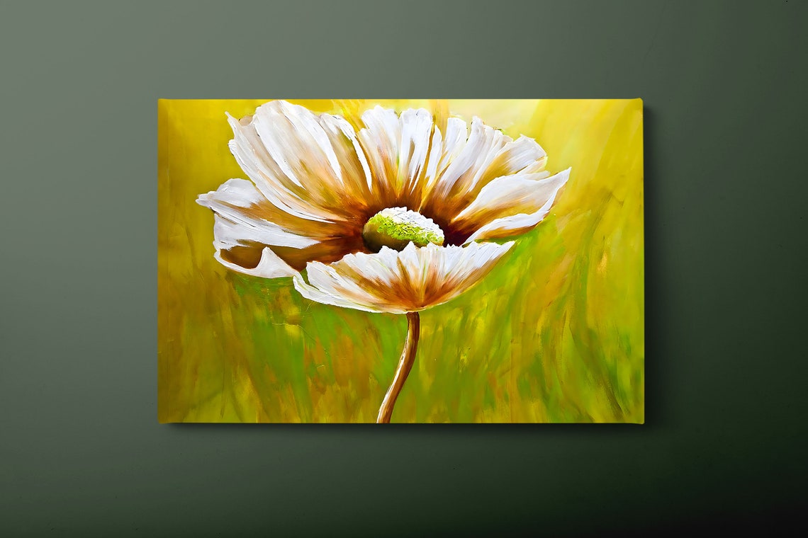 White Poppy Bloom Golden Meadow Painterly Floral Botanical Art Poster