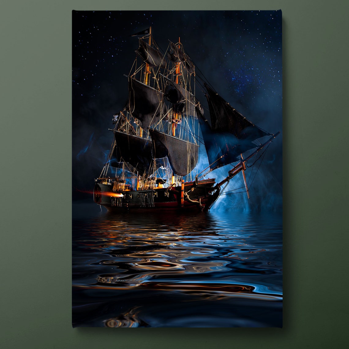 Tall Ship With Black Sails Under Starry Night On Calm Sea Art Poster