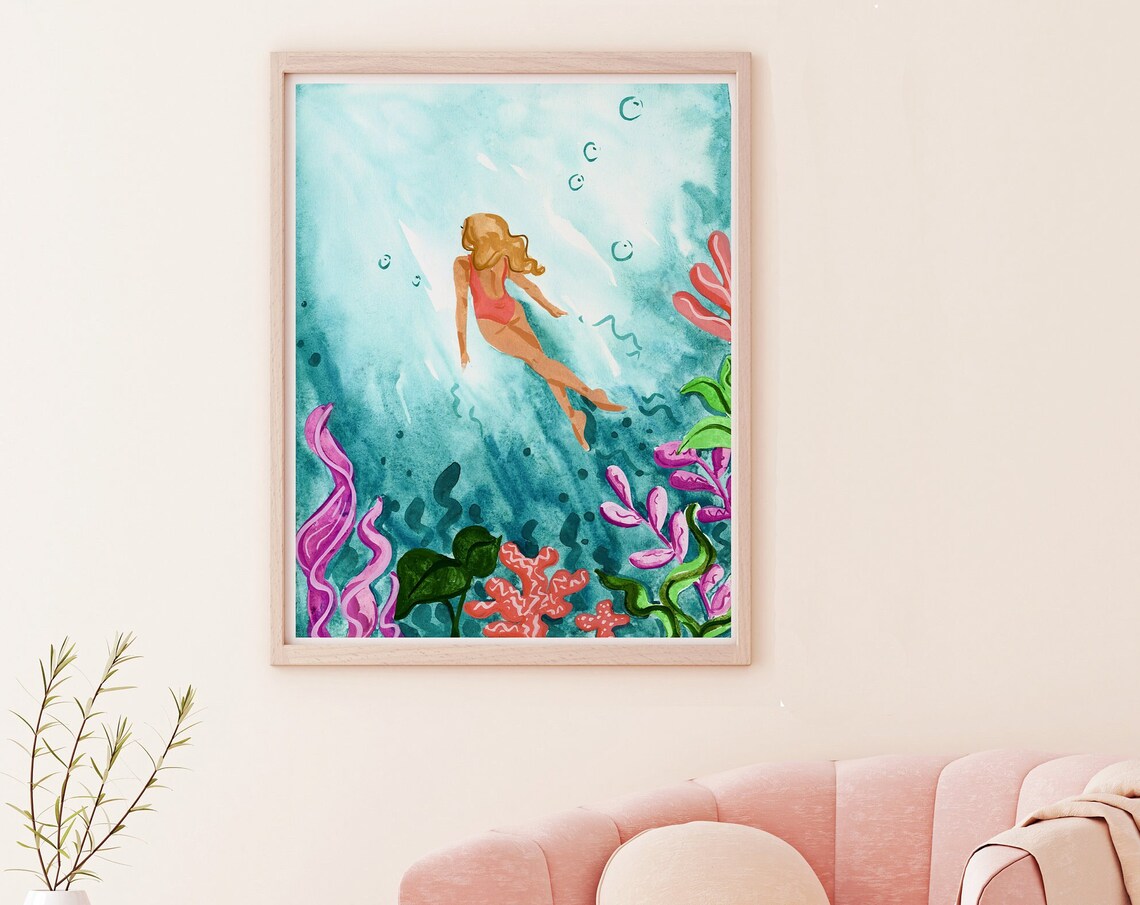 Woman Swimming Underwater Ocean Art Print