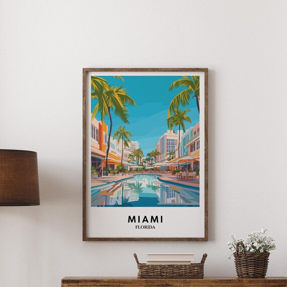 Miami Florida Palm Lined Resort Pool Sunny Retro Travel Poster