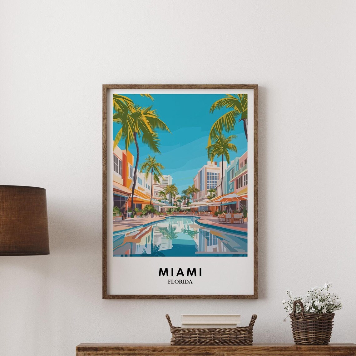 Miami Florida Palm Lined Resort Pool Sunny Retro Travel Poster