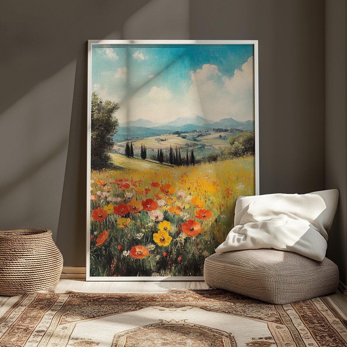 Red Poppy Meadow Cypress Trees Rolling Hills Impressionist Art Poster - Image 3