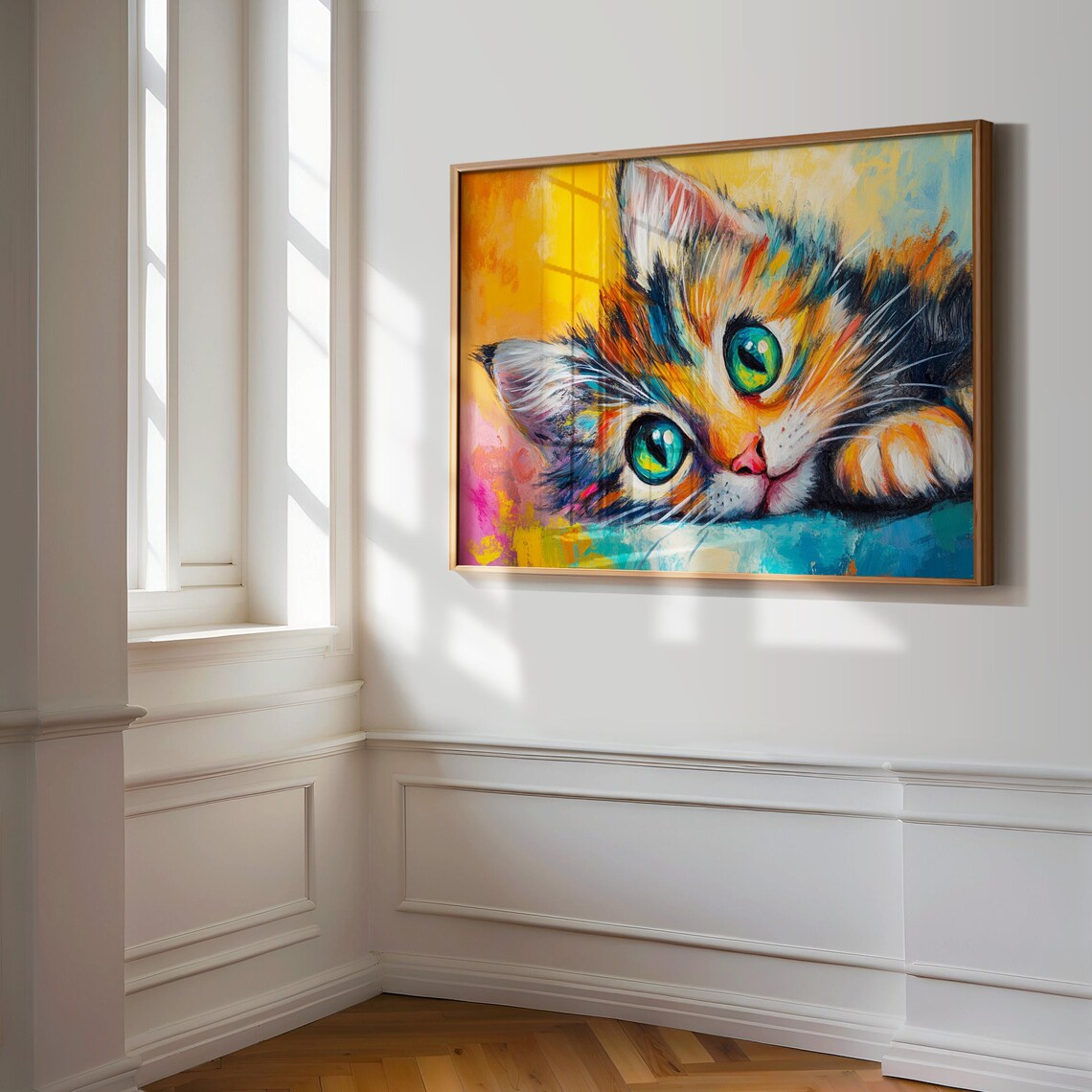 Calico Kitten Lying Down Tilted Head Big Green Eyes Colorful Art Poster - Image 3