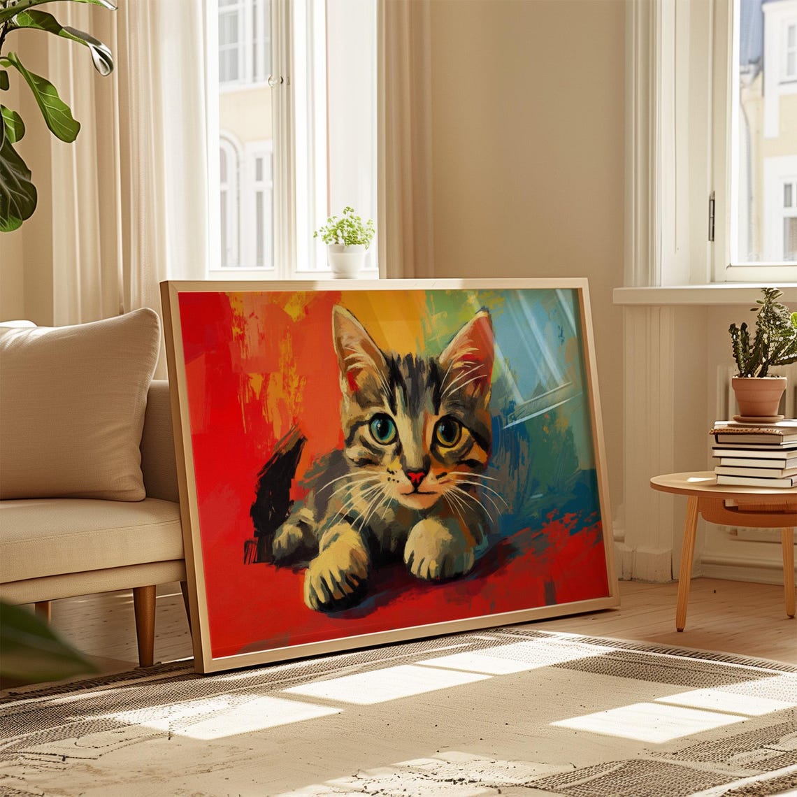 Sweet Tabby Kitten Lying Down Painted Red Blue Abstract Poster - Image 4