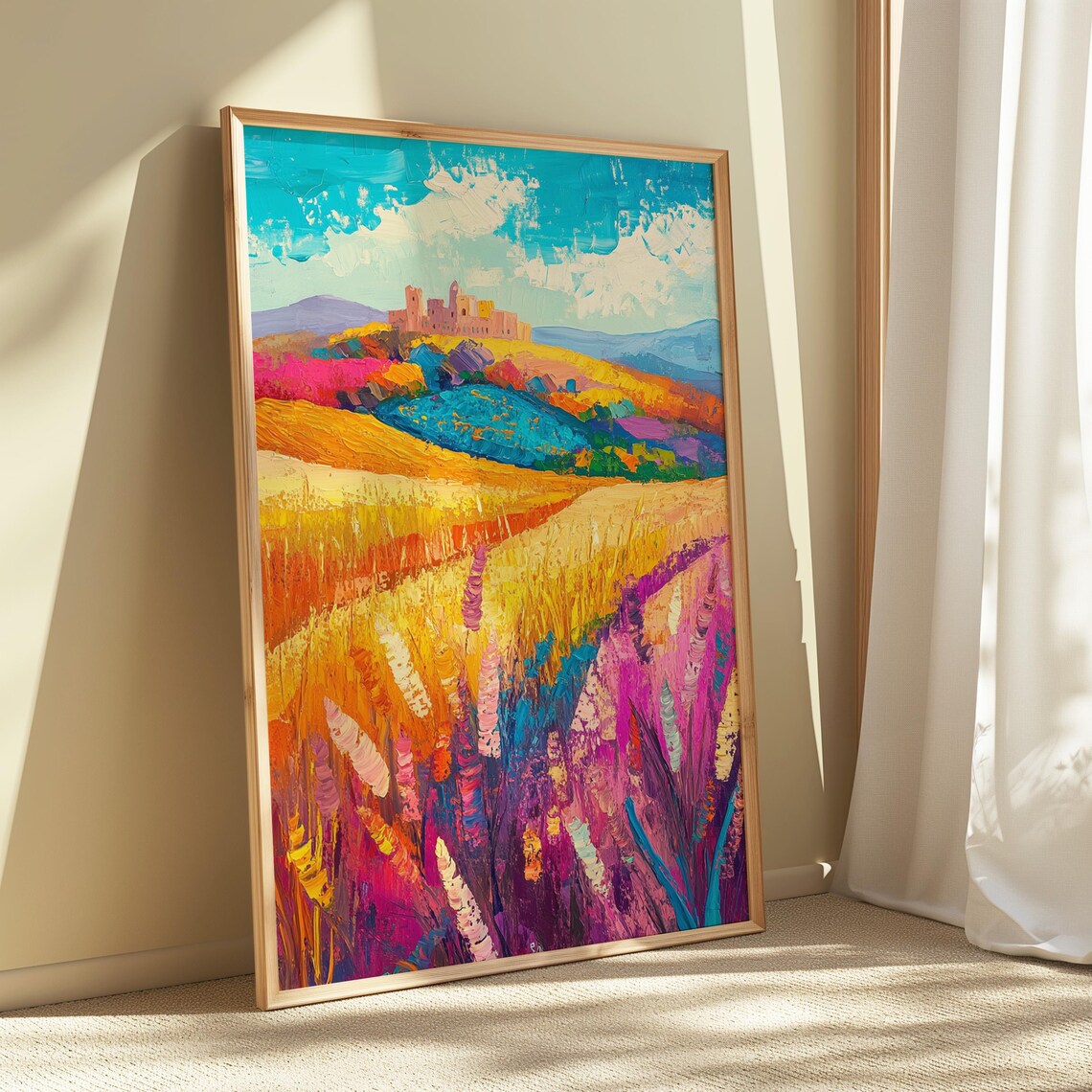 Golden Wheat Fields Pink Blooms Distant Mission Hill Turquoise Sky Landscape Poster - Image 5