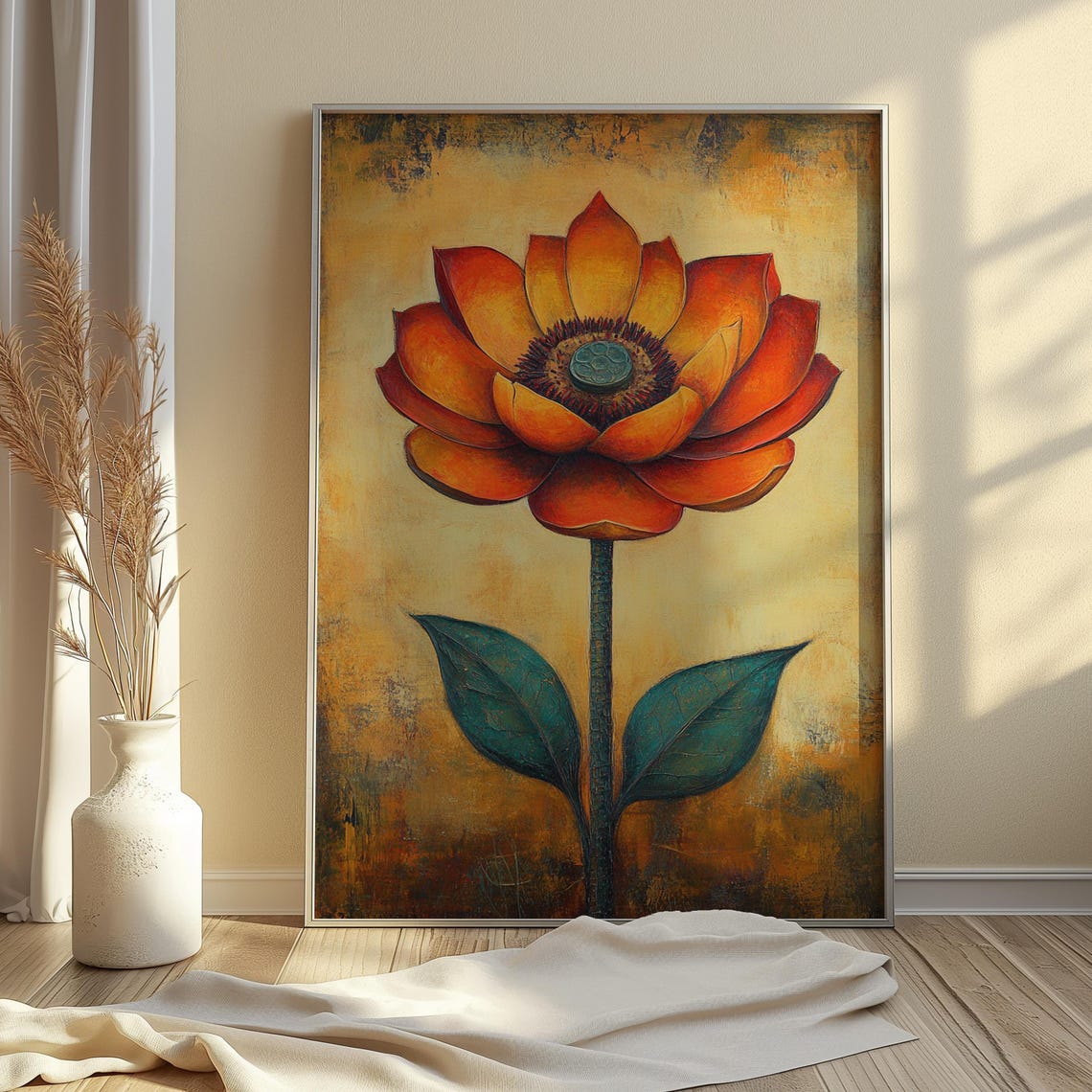 Orange Lotus Bloom Aged Gold Texture Vintage Botanical Floral Poster - Image 4