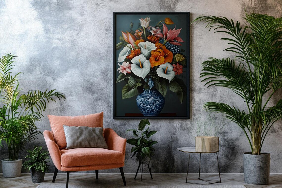 White and Orange Calla Lilies in Blue Vase Elegant Floral Print - Image 2
