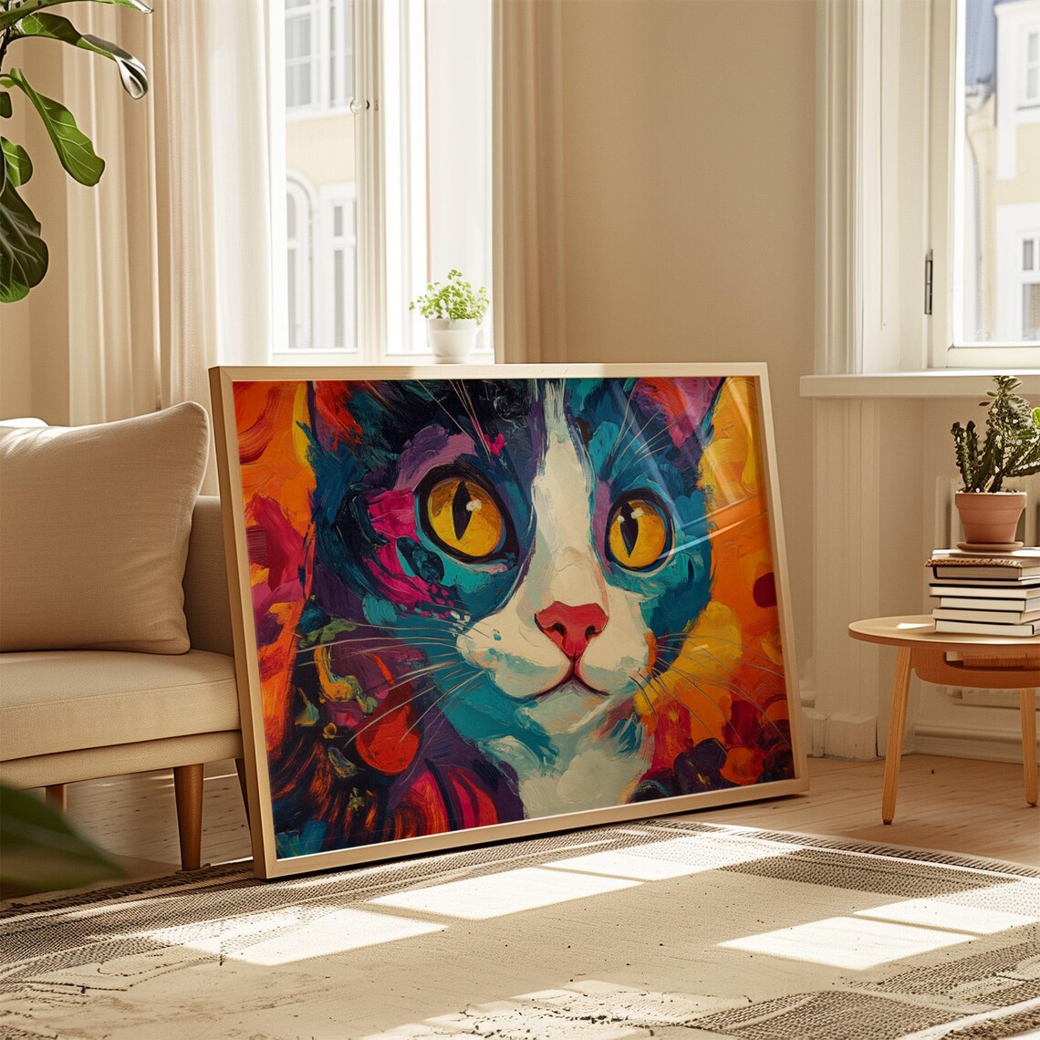 Tuxedo Cat Close Up Golden Eyes Bold Impasto Colorful Feline Art Poster - Image 4