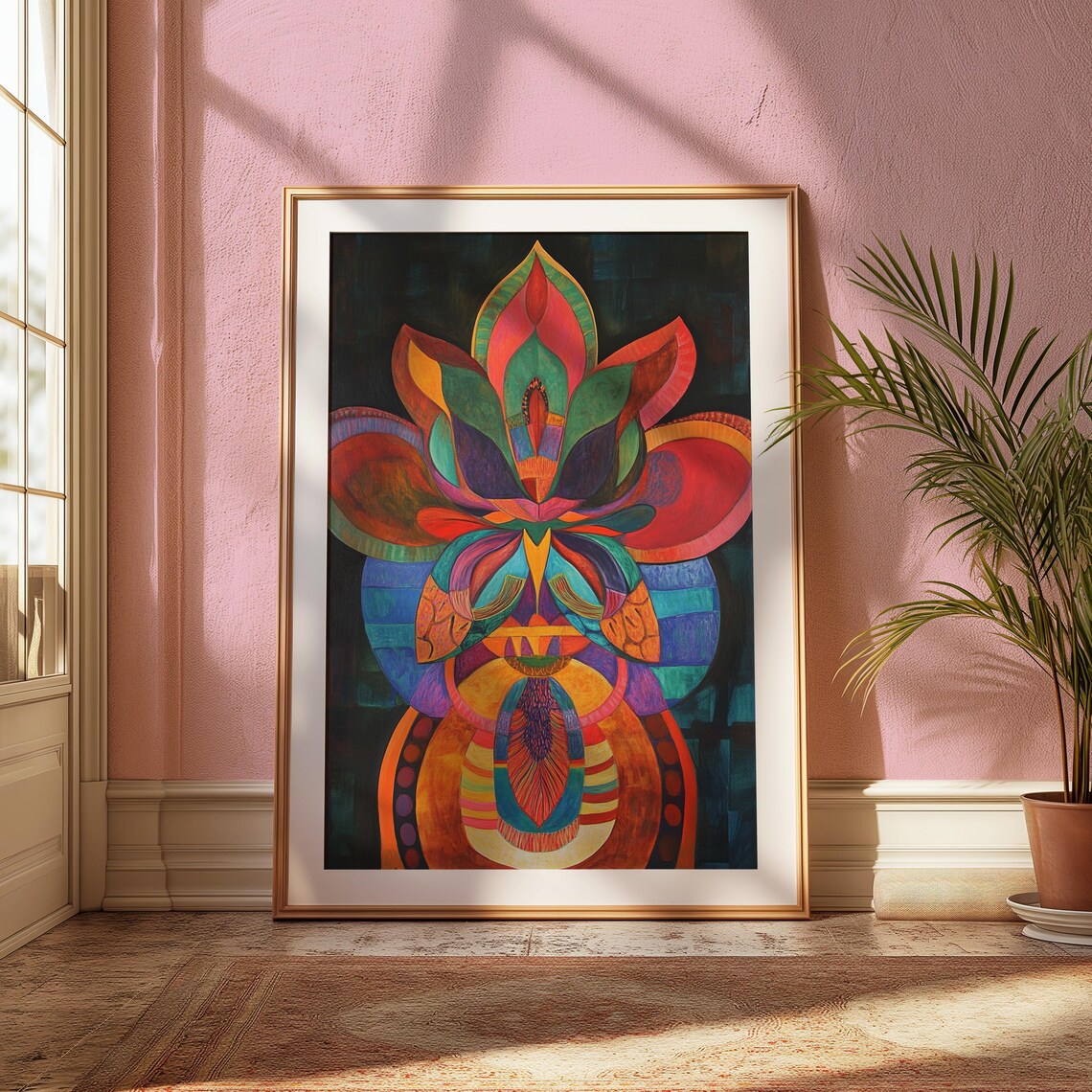 Symmetric Abstract Lotus Red Teal Orange Dark Garden Floral Poster - Image 2