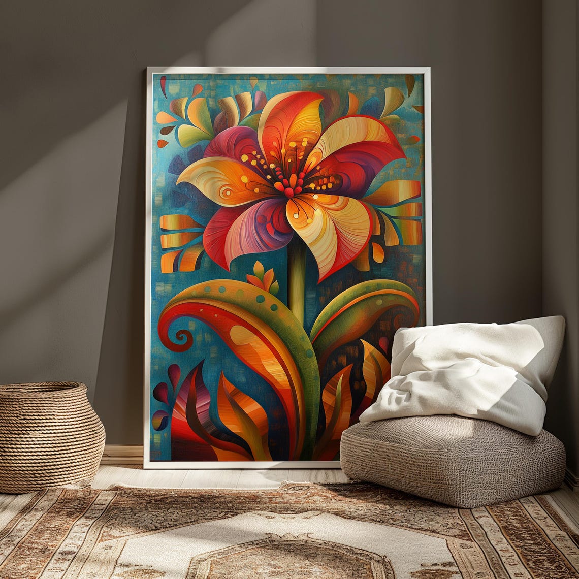 Red Gold Fantasy Bloom Turquoise Background Whimsical Floral Poster - Image 3