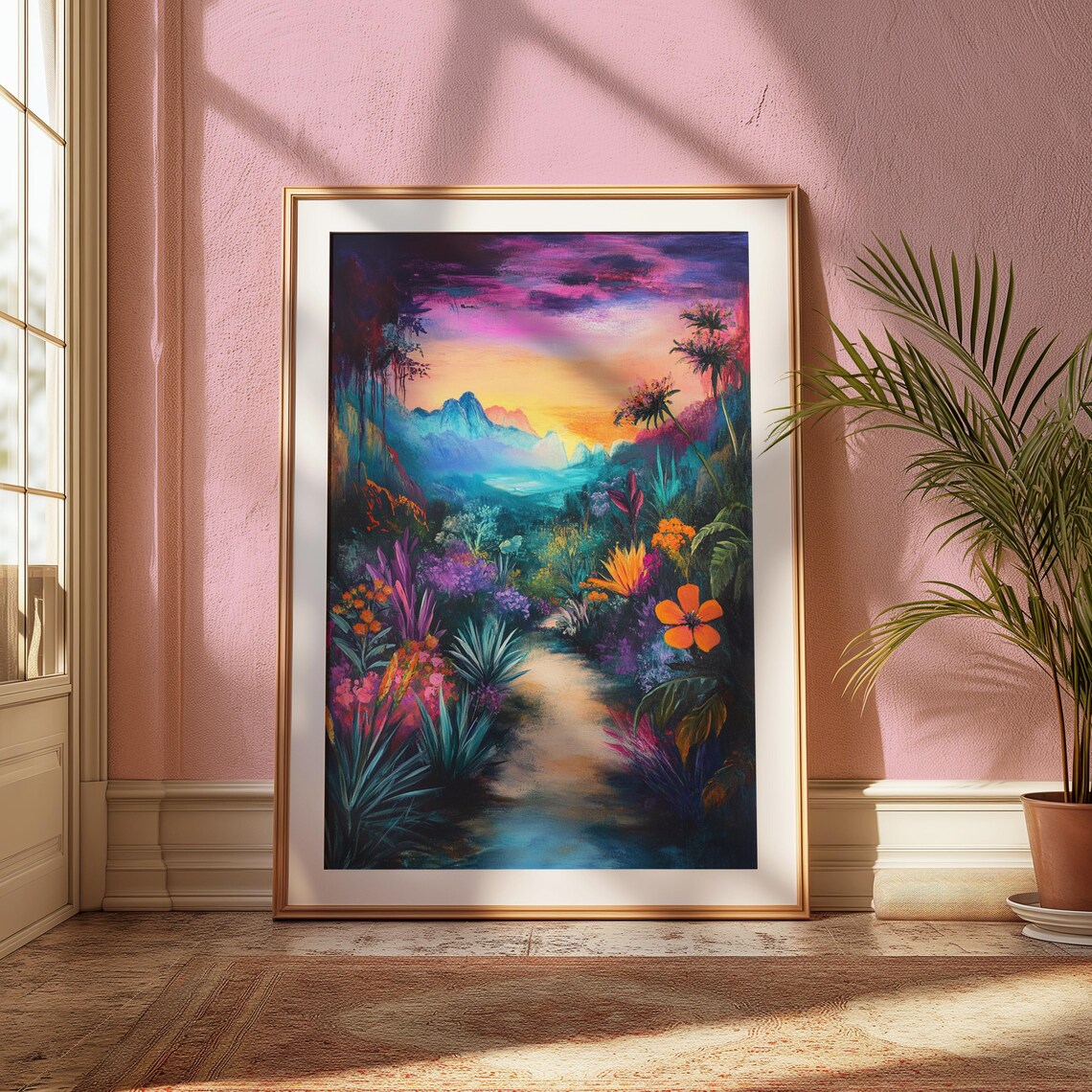 Dreamy Jungle Path Sunset Magenta Sky Lush Flowers Mountain View Landscape Poster - Image 2