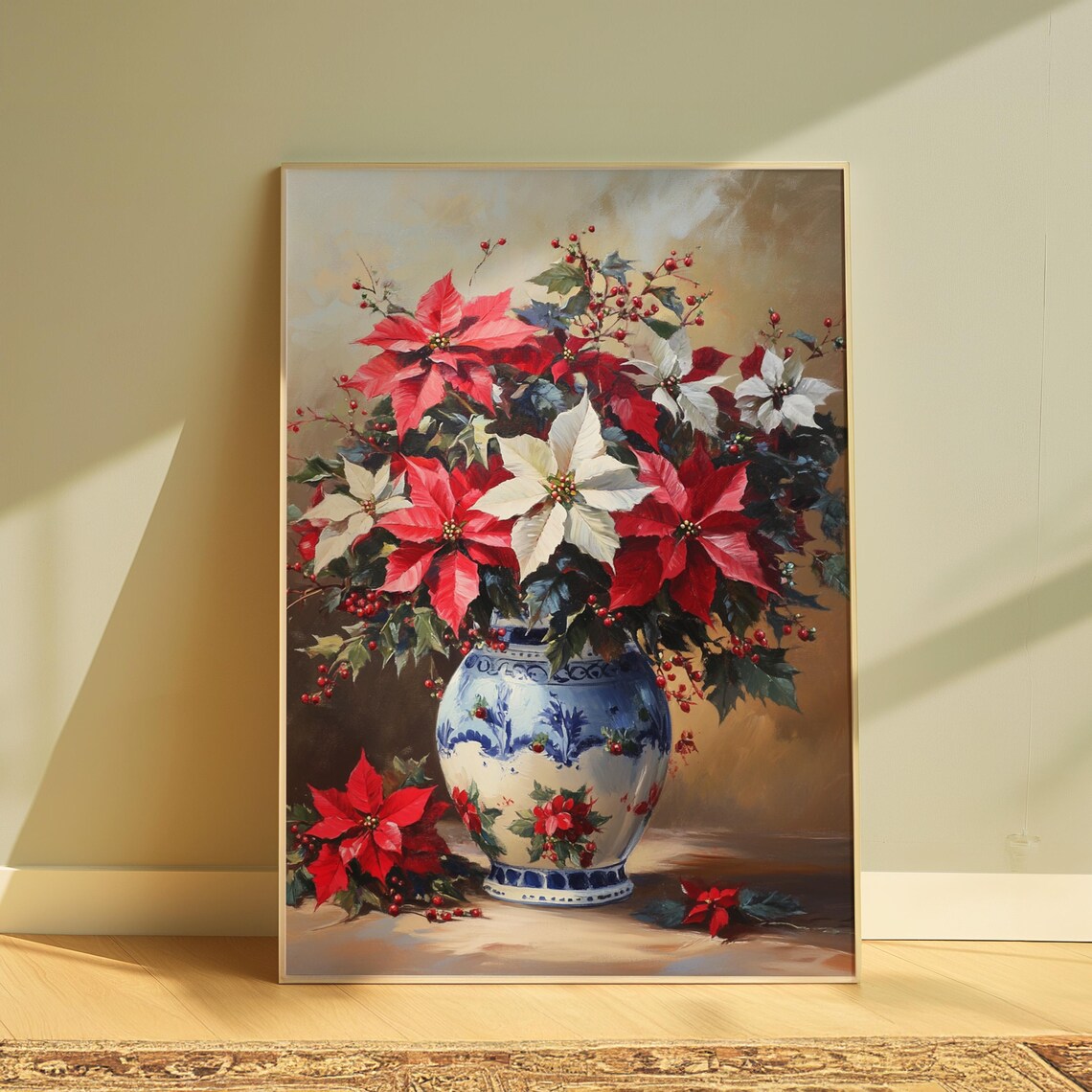 Red White Poinsettia Berries Blue Vase Christmas Still Life Poster