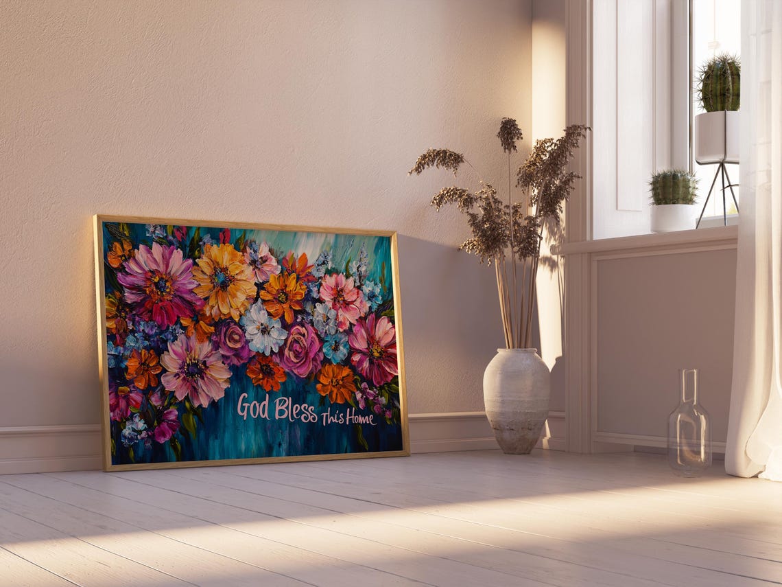 God Bless This Home Daisy Bouquet Deep Teal Floral Quote Poster - Image 2