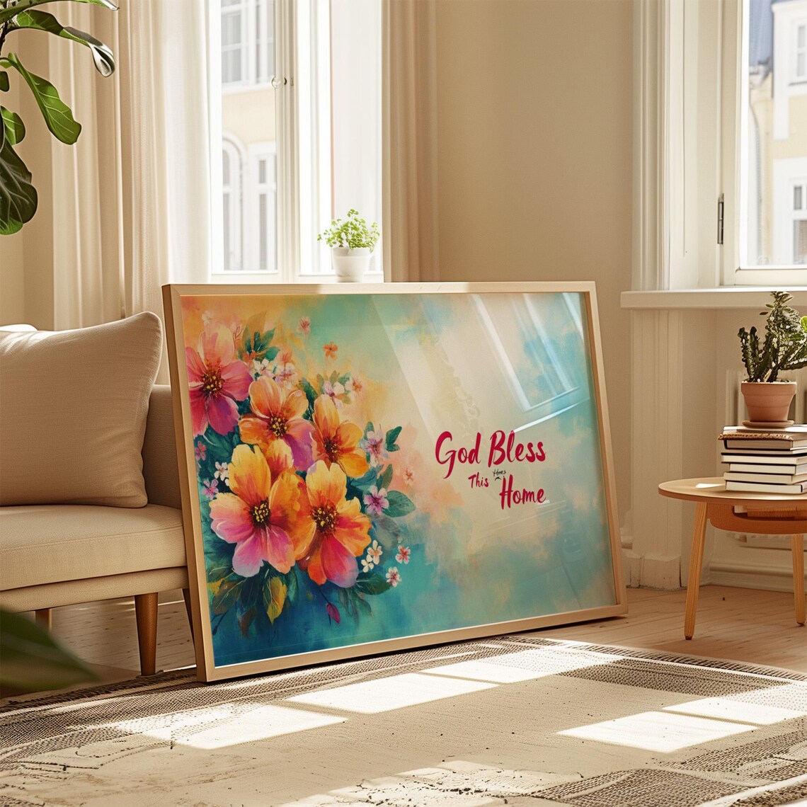God Bless This Home Orange Blossom Aqua Watercolor Floral Poster - Image 4