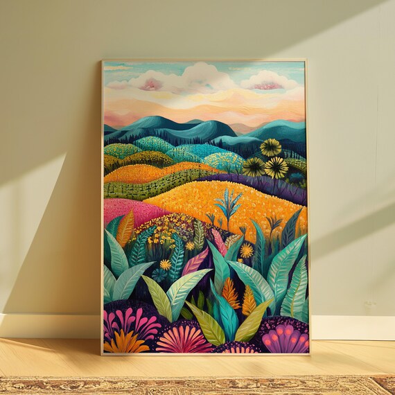 Quilted Rolling Hills Patchwork Meadows Teal Orange Folk Art Landscape Poster