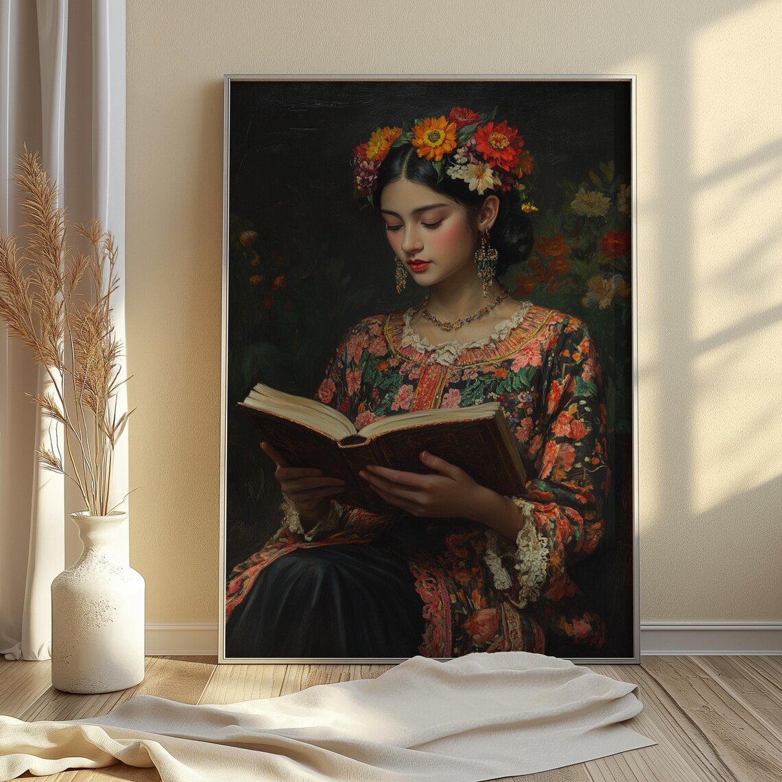 Woman Reading Book Floral Dress Flower Crown Dark Romantic Oil Poster - Image 2