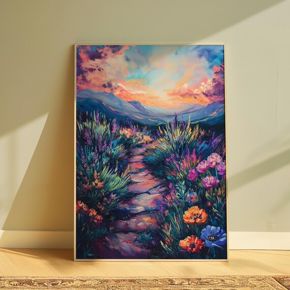 Wildflower Meadow Path Mountain Sunset Impressionist Art Poster