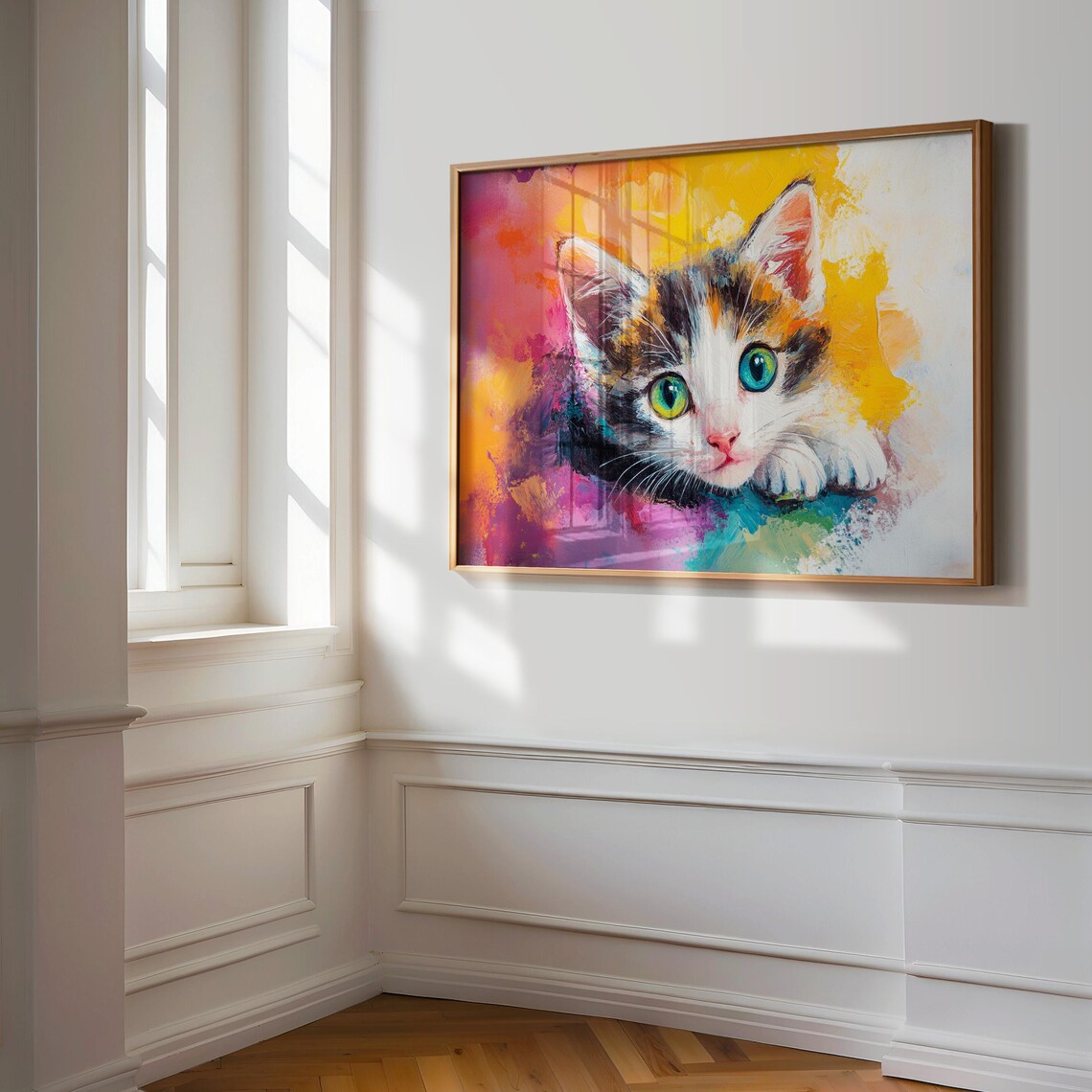 Calico Kitten Bright Green Eyes Rainbow Watercolor Splash Cat Art Poster - Image 3