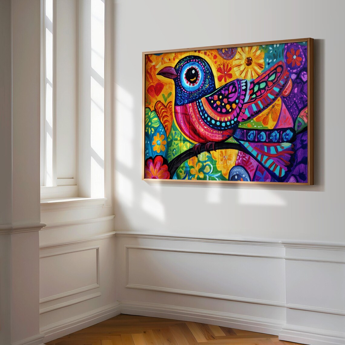 Magenta Folk Art Bird Raised Wing Floral Fiesta Wall Art Print - Image 3
