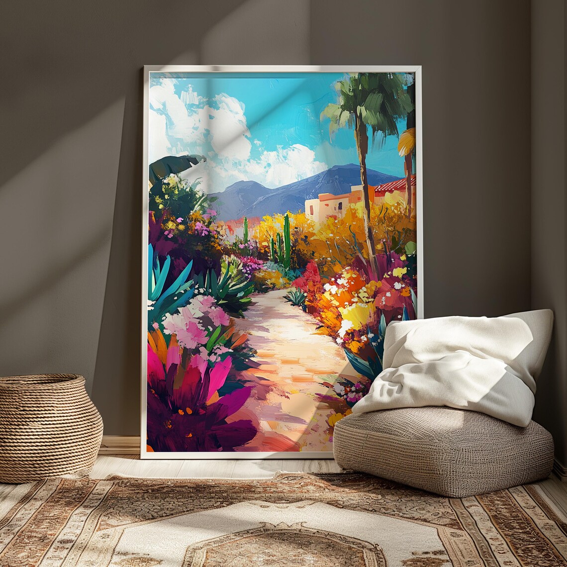 Tropical Hacienda Garden Path Palm Trees Agave Pink Blooms Mountain View Poster - Image 3