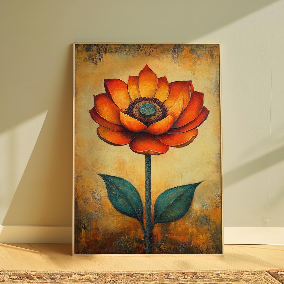Orange Lotus Bloom Aged Gold Texture Vintage Botanical Floral Poster