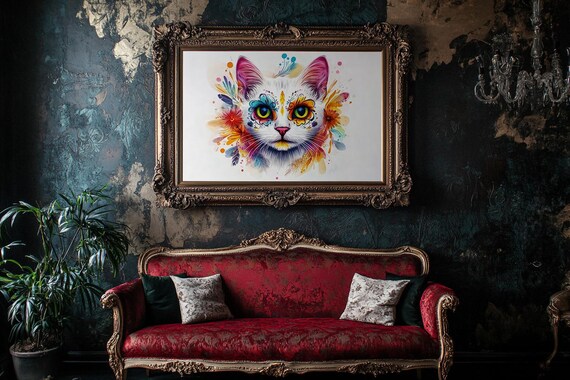 Vibrant Sugar Skull Cat Face Watercolor Splash Colorful Poster